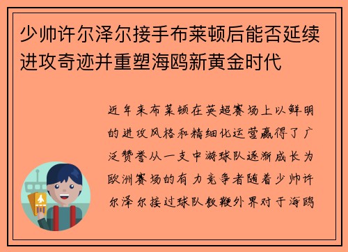 少帅许尔泽尔接手布莱顿后能否延续进攻奇迹并重塑海鸥新黄金时代