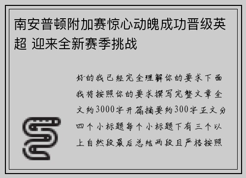 南安普顿附加赛惊心动魄成功晋级英超 迎来全新赛季挑战